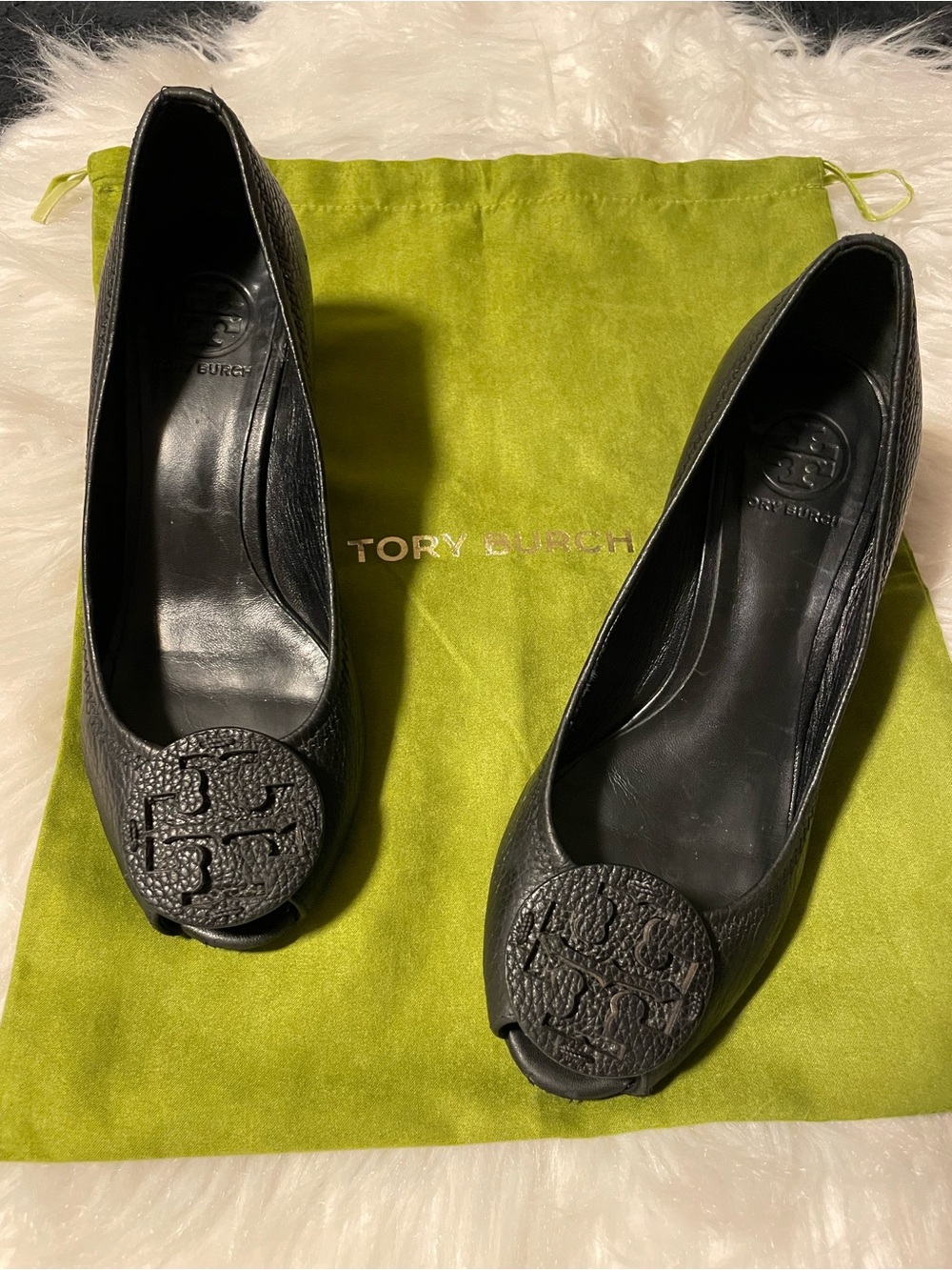 Tory Burch Black Pebbled Very soft Leather Logo Peep-Toe wedge pumps